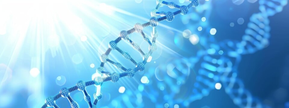 Medical Innovation: Illuminated DNA Code - A captivating medical concept featuring a vibrant blue banner bathed in sunlight. with an intricate spiral DNA polygonal structure.  Image