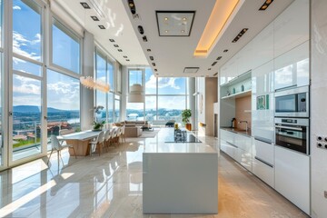 Ultra-modern and sleek kitchen design with state-of-the-art appliances and a breathtaking view of the mountains beyond - obrazy, fototapety, plakaty