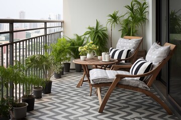Fototapeta na wymiar Urban Balcony Bliss: Wave-Patterned Tiles Flooring with Metal Furniture Ideas for Urban Garden