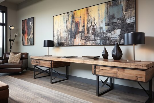 Reclaimed Wood Desks: Urban Chic Living Area with Contemporary Art and Metal Accents