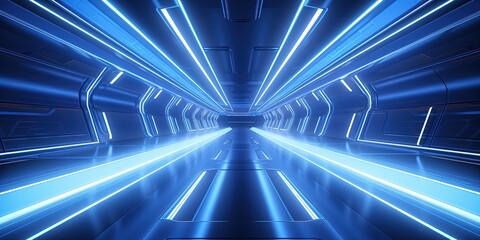 Blue futuristic sci-fi style corridor or shaft background with exit or goal ahead.Abstract cyber or digital speedway concept. - obrazy, fototapety, plakaty
