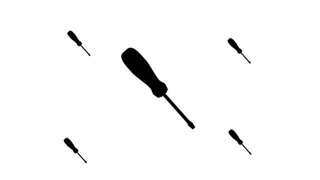 Zoom in and out animation the screwdriver symbol. Large black symbol in the center and four small symbols around. Seamless looped 4k animation on white background