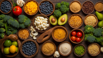 Various vegetables and cereals on the table menu