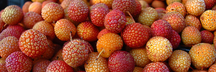 Lichs, with red crust and juicy transparent pulp, against the background of bright colors and