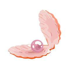 Open seashell with purple pearl and red flaps. Rare marine mollusk, shellfish with treasure inside, underwater shell with valuable luxury shiny mother of pearl ball cartoon vector illustration