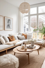 A bright and inviting living space with a Scandinavian twist, showcasing a mix of light colors, natural materials, and comfortable seating arrangements.