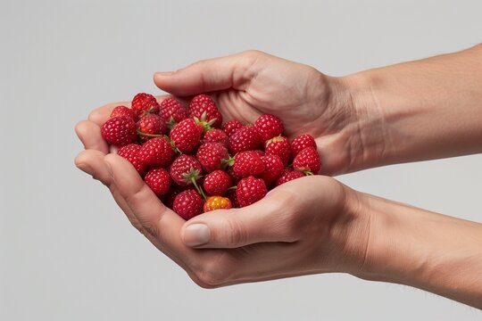 handful of fresh ripe berries fruits in hands open white background