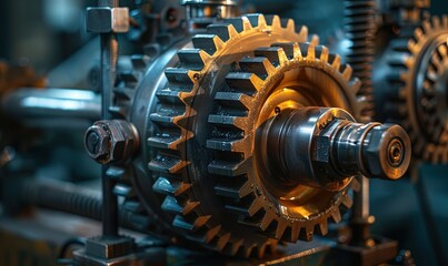 A close up view of the gears of a machine.
