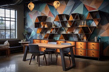 Geometric Wallpaper Designs: Urban Loft, Repurposed Furniture Workstations, Metal Seating