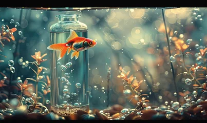 Fotobehang A goldfish swimming in a flask, the flask underwater, symbolizes the limitations of nature against a backdrop of human innovation and waste. © Olha