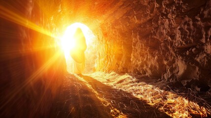 An uplifting image of Jesus Christ's resurrection, emerging from the tomb with radiant light, symbolizing new life. - obrazy, fototapety, plakaty