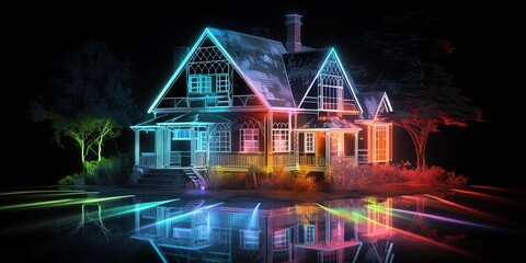 House hologram, Holographic projection of cottage in neon colors - obrazy, fototapety, plakaty