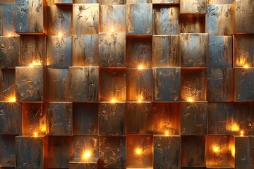 Abstract geometric metallic gold texture wall with squares and square cubes background banner illustration with glowing lights, textured metal wallpaper