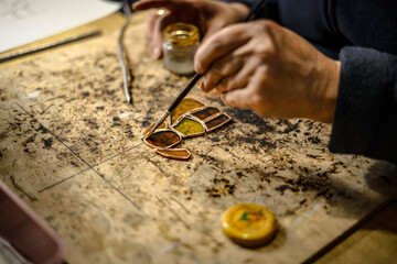 Stained glass workshop. Close up. 
