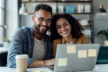 Glückliches Paar beim Online-Shopping und Reisebuchung am Notebook - obrazy, fototapety, plakaty