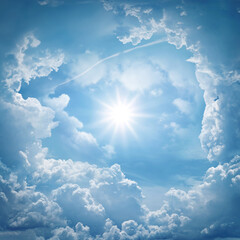 Clouds in the sky, sky background. View of the sky and the sun. Background on the theme of religion, paradise, freedom, weather, etc. - 751814321