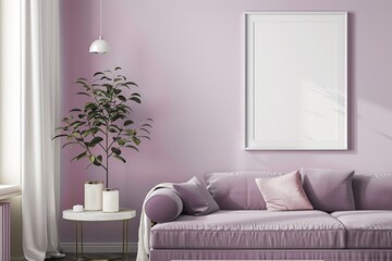 poster mockup, white frame. In a modern living room interior with a sofa