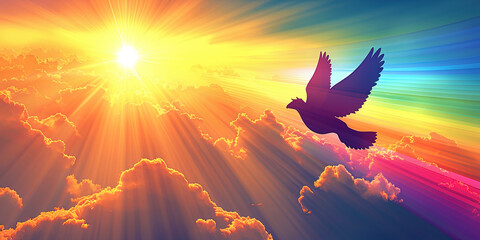 Pegasus, flying in the sky among clouds and rainbow rays, symbolizing freedom and inspirati - obrazy, fototapety, plakaty