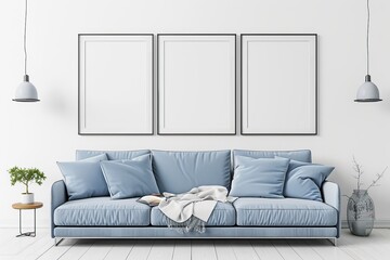 poster mockup, white frame. In a modern living room interior with a sofa
