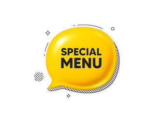 Special menu tag. Comic speech bubble 3d icon. Kitchen food offer. Restaurant menu. Special menu chat offer. Speech bubble comic banner. Discount balloon. Vector