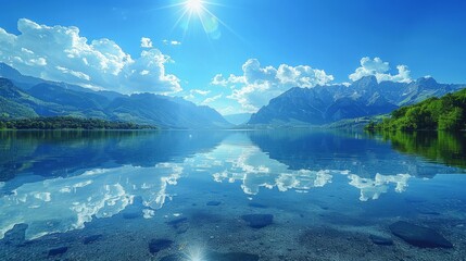Lake Surrounded by Mountains Under Blue Sky