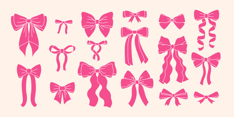 Set pink bows and ribbons for hair. Flat vector illustrations set. Trendy bow for presents wrapping. Gift birthday xmas sale decor. Cute vintage hairstyle elements collection - obrazy, fototapety, plakaty