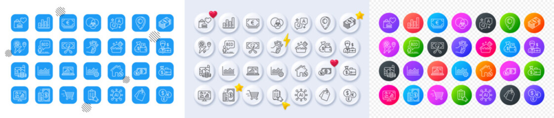 Cut tax, Euler diagram and Salary line icons. Square, Gradient, Pin 3d buttons. AI, QA and map pin icons. Pack of Operational excellence, Graph chart, Usd currency icon. Vector