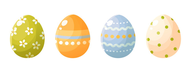 Set of painted Easter colorful eggs. Vector illustration of decorative eggs for Happy Easter, with floral pattern, stripes, polka dots. Clipart for holiday cards, posters, banners.