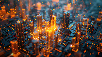 Modern city with wireless network connection concept data connection technology concept, digital blue and yellow light web connection wires with antennas on night megapolis city background - obrazy, fototapety, plakaty