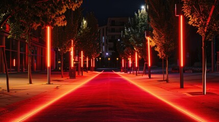 red carpet on the street at night with lights