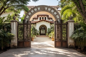 Fototapeta na wymiar Villa of Elegance: Ornate Ironwork Structures and Arched Doors, Gates Welcoming Guests
