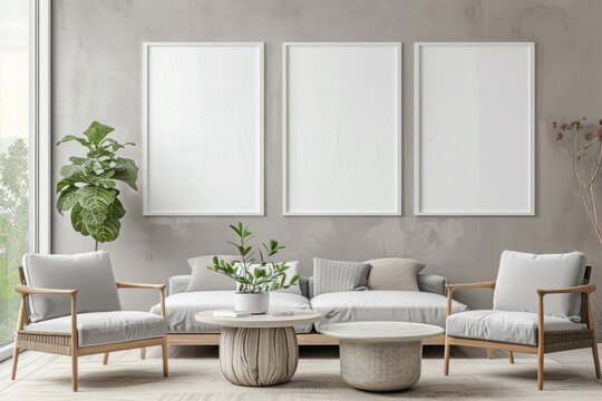 poster mockup, white frame. In a modern living room interior with a sofa