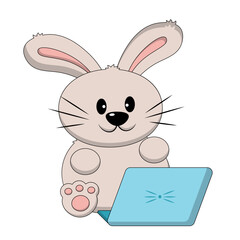Cute cartoon Rabbit with laptop in color
