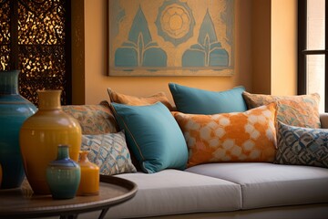 Villa's Tranquil Lounge: Intricate Tilework Designs, Comfortable Cushions, Serene Wall Colors
