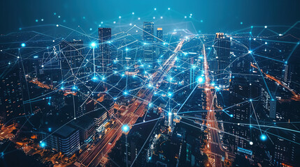 Smart city and abstract dot point connect with line design, digital blue and yellow light web connection wires with antennas on night megapolis city background