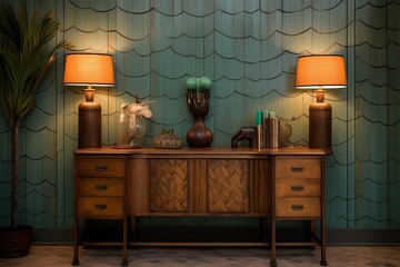 Vintage Console Table Set Up with Wave-Patterned Tiles Backdrop, Retro Lighting Fixtures, and Antique Wood Cabinetry Aesthetic