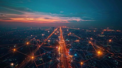 Smart city and big data connection technology concept, digital blue and yellow light web connection wires with antennas on night megapolis city background