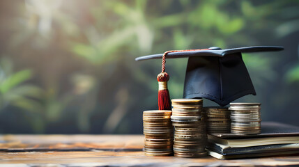 Graduation cap on saving coins for concept finance and education scholarships.