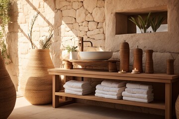 Vintage Console Tables in a Natural Spa Oasis: Inspiring Open-Air Shower with Natural Fiber Textiles