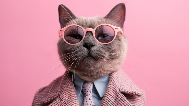 boss cat wearing business coat, tie, shirt and glasses , pink background , can be used for cards, business, banners, posters	
