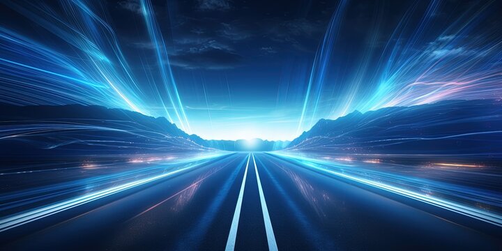 Abstract road with blue light trails , data transfer speed and digitization concept