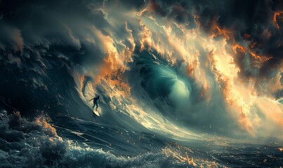 The person is surfing a massive wave in the liquid world of the ocean, with the atmosphere filled with wind, clouds, and the sky meeting the horizon in the vast landscape - obrazy, fototapety, plakaty