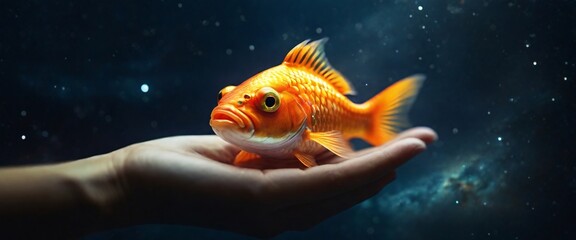 Fototapeta premium Expert hand of glod fish, Business or ecology concept, In the background is the Milky Way galaxy. Stylish in the style of double exposure