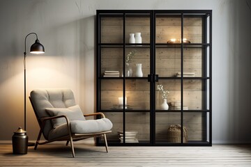 Vintage Glass Panel Inspirations: Minimalist Interior With Clear Glass Panel Wall And Black Metal Frames