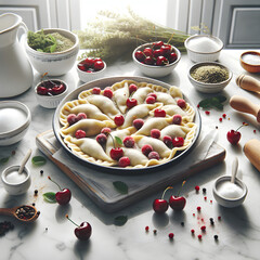 Cherry Vareniki Dumplings on White Marble Counter