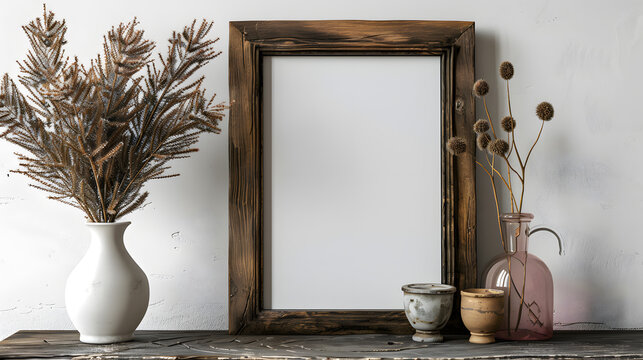 a picture frame is sitting on a wooden shelf next to a vase of dried flowers