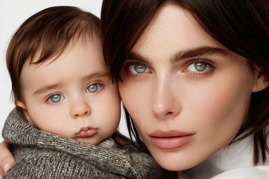 A close-up photo of a mother and her baby. Both have deep blue eyes. The baby is wrapped in a grey scarf, looking at the camera with a serene expression.