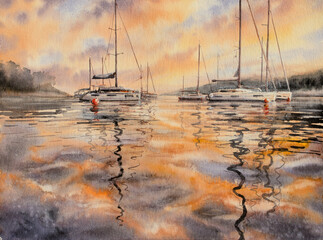 Watercolors painting of colorful sky reflecting in bay water . Sailboats and mountains in background. - 751816726