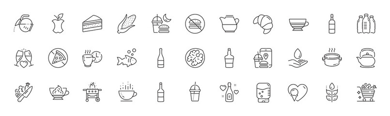 Vegetables cart, Ice cream and Cake line icons. Pack of Gas grill, Milk jug, Coffee break icon. Organic waste, Coffee cocktail, Scotch bottle pictogram. Prohibit food, Love champagne. Vector