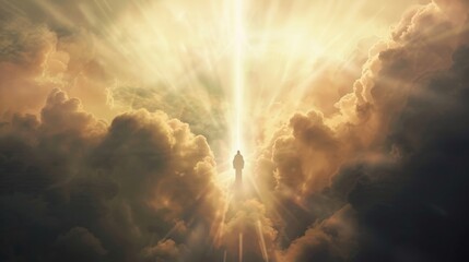 Conceptual digital art of the Ascension of Jesus Christ, with beams of light lifting him into a cloud-filled sky. - obrazy, fototapety, plakaty